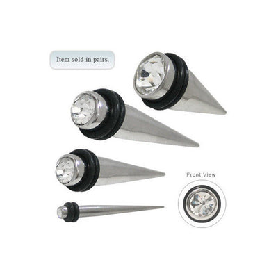 Pair of Ear Stretcher Taper Surgical Steel Spike w/ CZ Gem