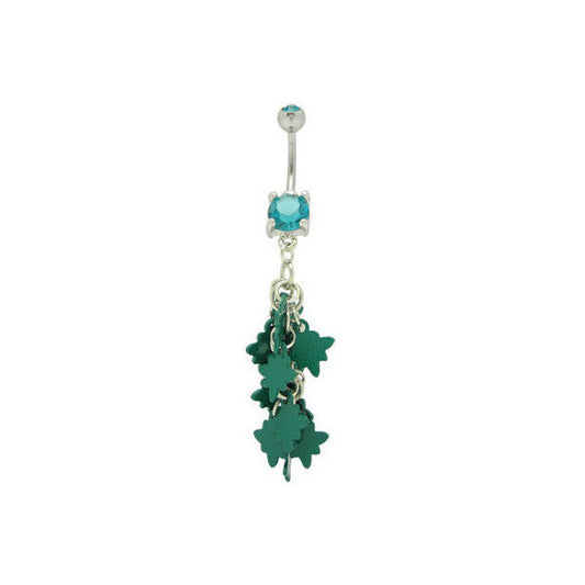 Dangle Green Leafs Belly Ring with Cz Gems 14G