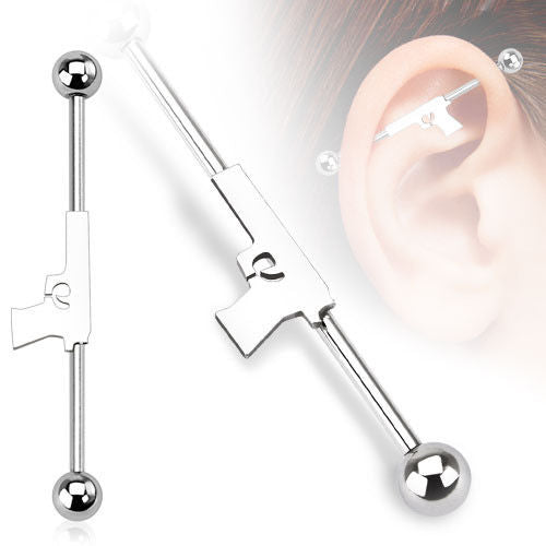 Industrial Piercing Barbell 14G with Hand Gun Design