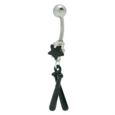 Baseball Bats Belly Ring with Black Star Gem