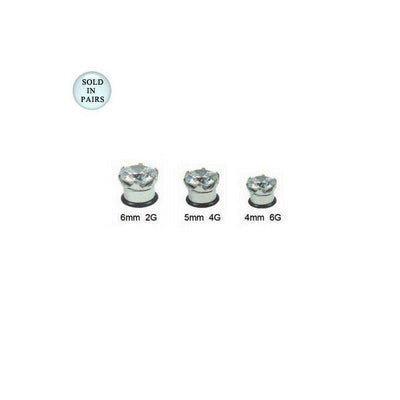 Pair of Surgical Steel Gauges Ear Plug with Clear CZ Jewel