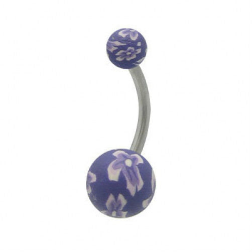 Fimo Beads Purple Flower Design Belly Ring
