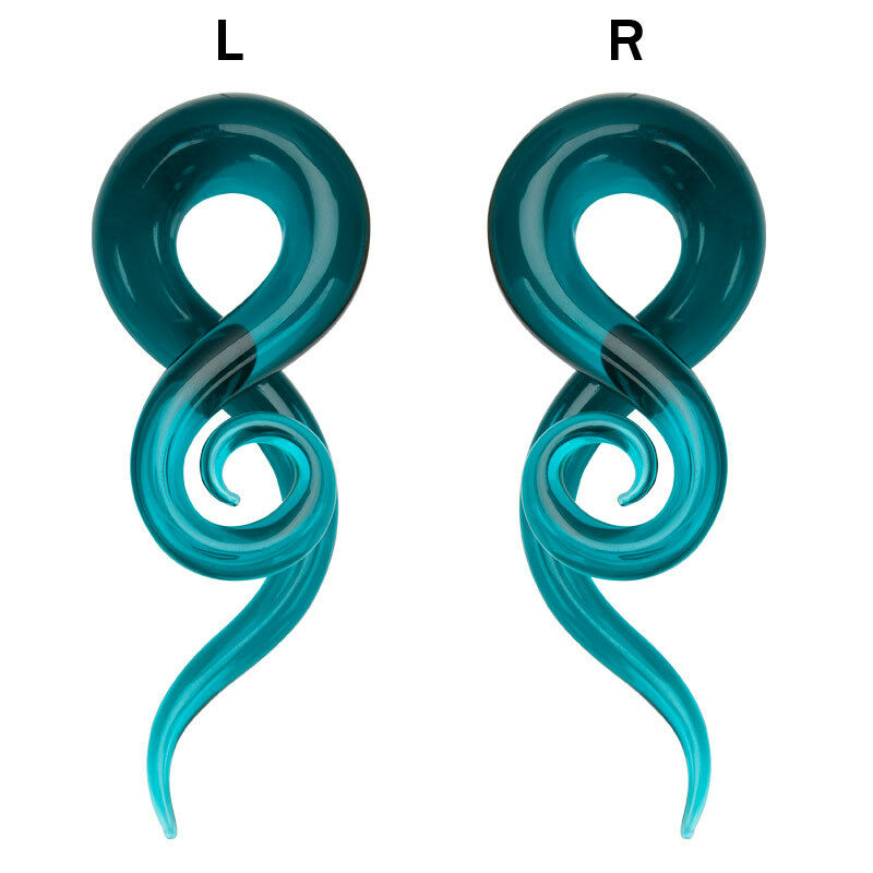 Pair of Ear Taper Glass Handmade Twisted Spiral Solid Turquoise Color