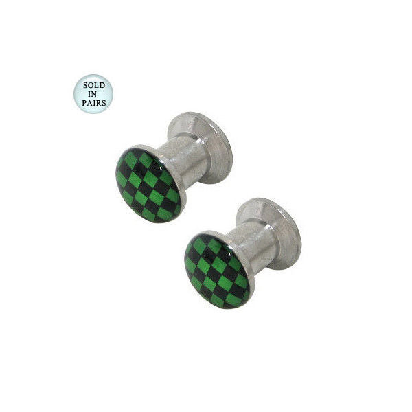 Green Checker Logo Double Flared Surgical Steel Screw Fit Ear Plugs - 2 Gauge