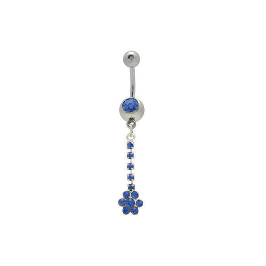 Dangle Flower Belly Ring with Blue Cz Gems