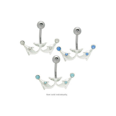 Belly Button Ring Double Jeweled Dolphin