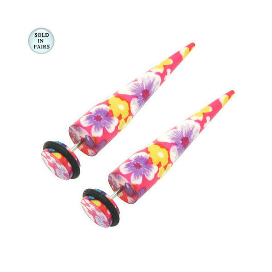 2 Acrylic 16G Colorful Flower Fake Ear Stretchers