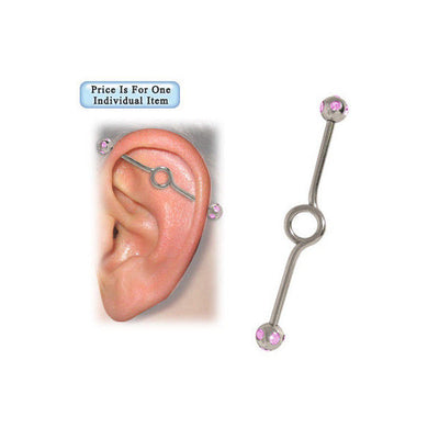 Spiral Surgical Steel Industrial Barbell with Pink Jewels