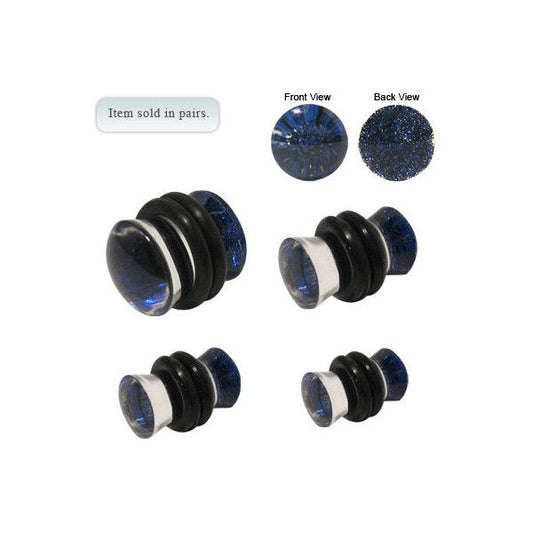 Pair of Clear Acrylic Ear Plugs with Blue Glitter - 0 Gauge to 6G