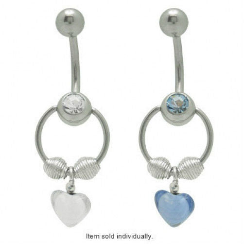 Cz Jeweled Door Knocker Belly Ring with Dangle Heart