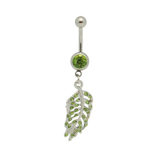 Green Leaf Dangle Belly Ring with CZ Gems