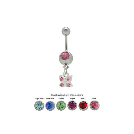 Navel Belly Ring with Cz Gems Dangle Butterfly