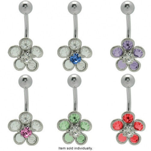 Flower Design Belly Button Ring with Colorful CZ Gems