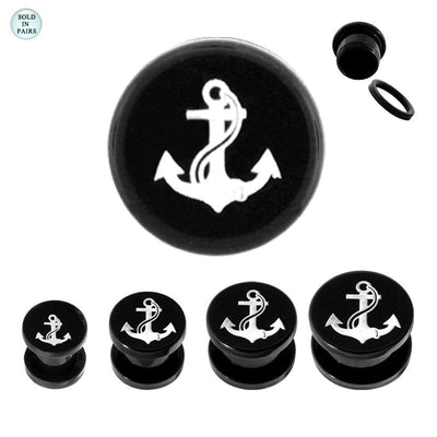 Black Acrylic Screw Fit Anchor Logo Ear Plugs - 2 Gauge to 1/2"