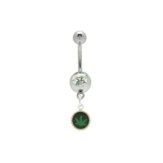 Pot Leaf Jeweled Belly Ring Navel Body Jewelry 14G