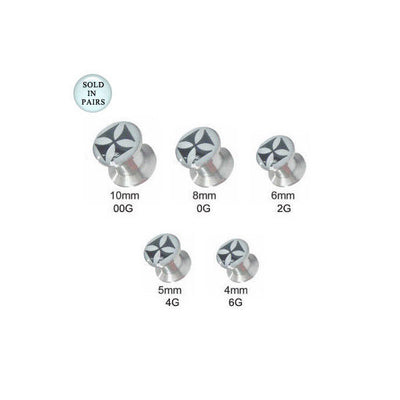 Pair of Ear Plug Surgical Steel Screw Fit with Black Iron Cross Logo Design