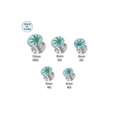 Ear Plug Surgical Steel Screw Fit with Pot Leaf Logo Design - 6 Gauge to 0G