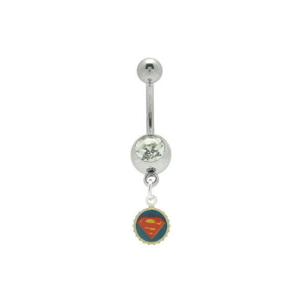 Superman Belly Button Navel Dangle Ring Curved Barbell with CZ Jewel