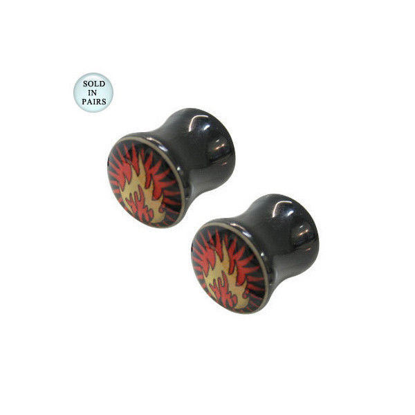 Pair of Double Flared Acrylic Holographic Ear Plug with Flame Design - 0G to 00G