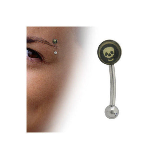 Curved Barbell Eyebrow Ring with Skull Logo Ball Bead End