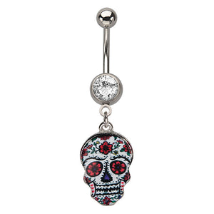 14ga Sugar Skull Flower Design Belly Ring