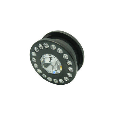 Pair of Black Titanium Ear Plugs Screw Fit with Clear Gems - 8 Gauge to 3/4"