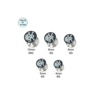 Double Flare Ear Plug Surgical Steel Screw Fit with Skull Cross Bone Logo