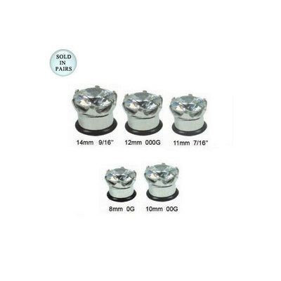 Pair of Surgical Steel Gauges Ear Plug with Clear CZ Jewel