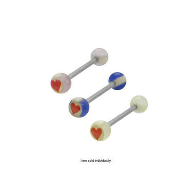 Acrylic Red Heart Tongue Ring with White Stripe Beads