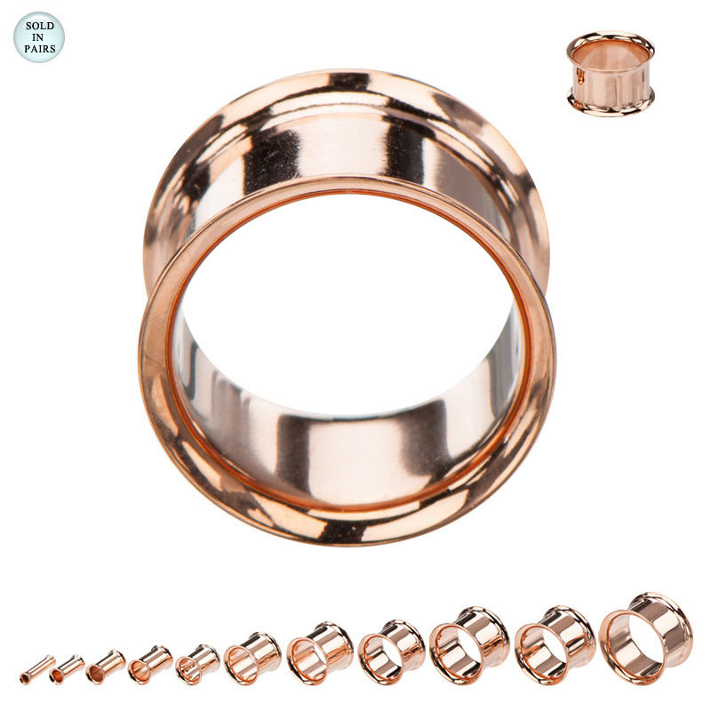 Rose Gold Plated Double Flare Eyelet Ear Plugs Surgical Steel - 10 Gauge to 5/8"