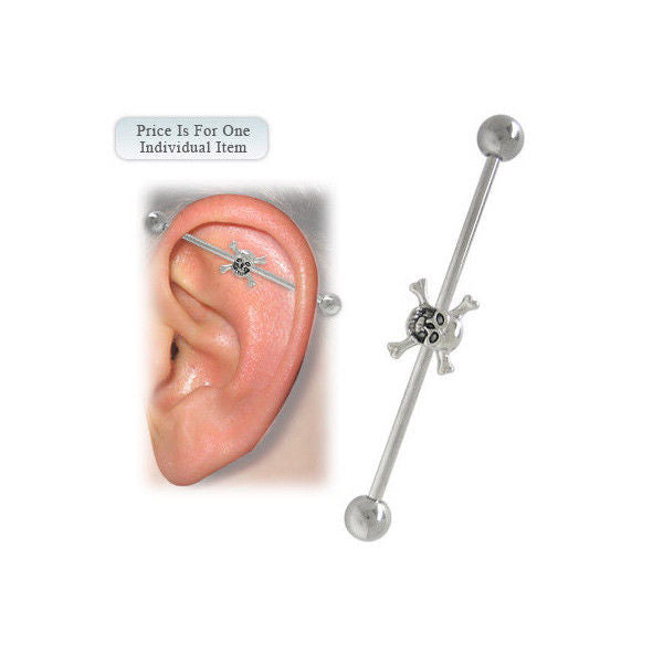 Surgical Steel 14G Industrial Piercing Barbell with Skull Cross Bones Design