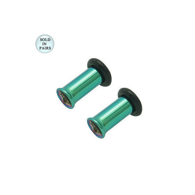 Green Anodized Single Flare Titanium Tunnel Eyelet Plugs with O-Rings - 6 Gauge