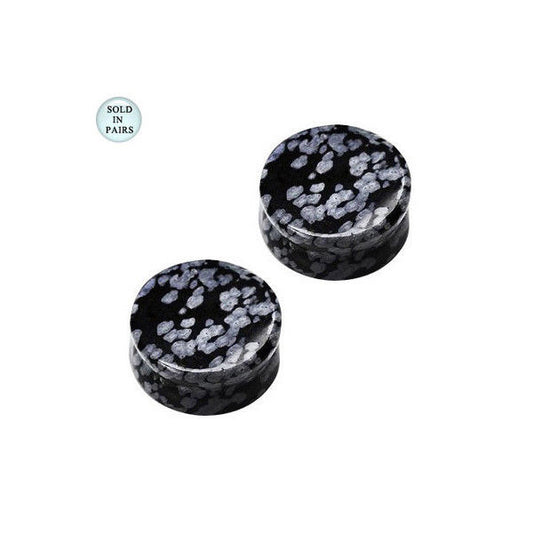 Black with White Spots Obsidian Semi Precious Stone Ear Plugs Saddle Fit Double Flared Gauges