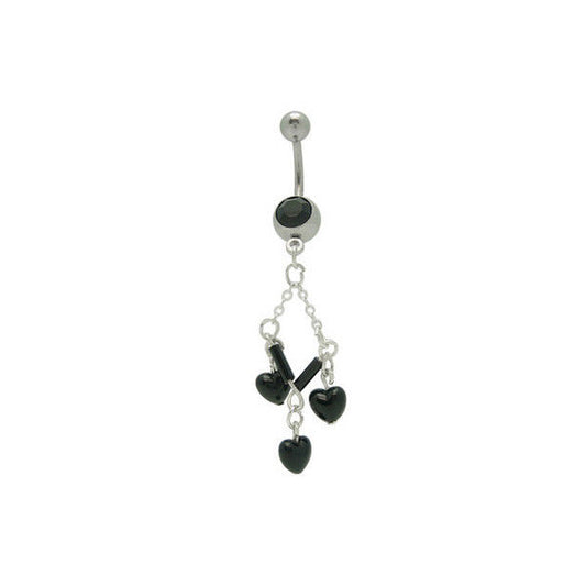 Black Hearts Jeweled Dangling Belly Button Ring 14G