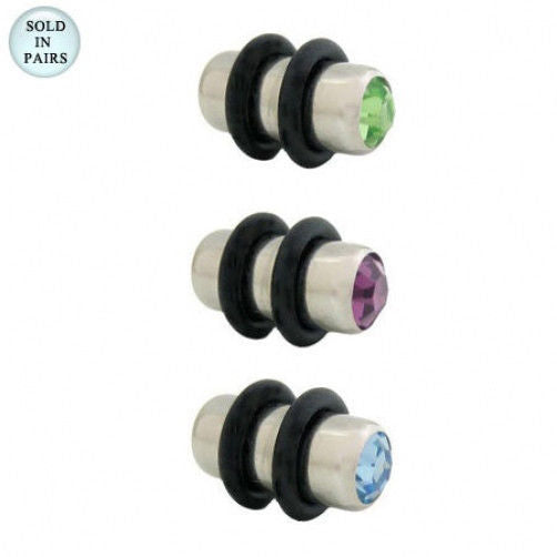 Double Jeweled Surgical Steel Ear Plugs 4 Gauge - 3 Colors Available