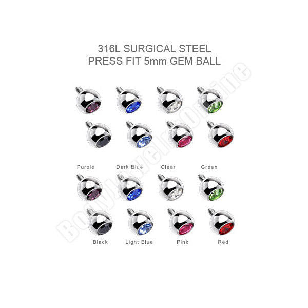 16pc Surgical Steel Press-Fit 5mm Gem Ball Dermal Anchor Tops