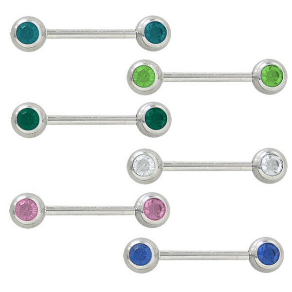 Barbell Nipple Ring 14G Surgical Steel with Colored Gems (6mm) - 6 Colors - Pair