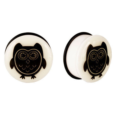 Pair of Single Flare Ear Plugs with Glow in the Dark Owl - 8 Gauge to 13/16"