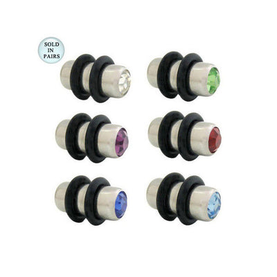 Pair of Jeweled Surgical Steel Ear Plugs 4 Gauge - 6 Colors Available