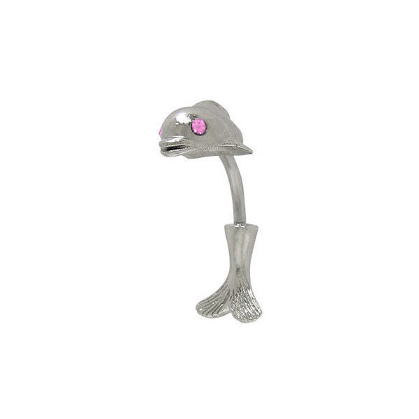 Dolphin Design Belly Button Ring with Pink CZ Gems