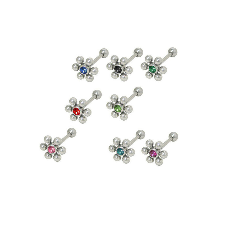 Barbell Tongue Ring Surgical Steel with Jeweled Flower Design