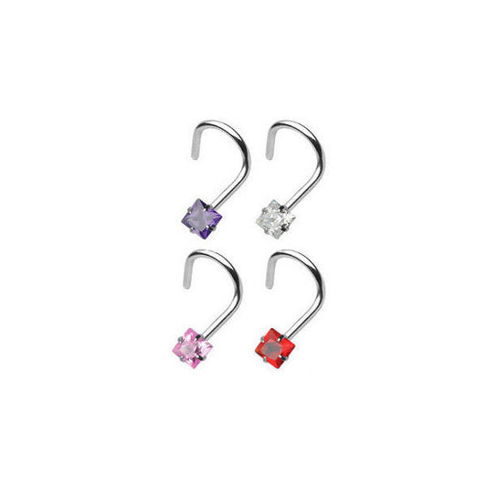 Nose Screw with 3mm Prong Set Square Gem 20g