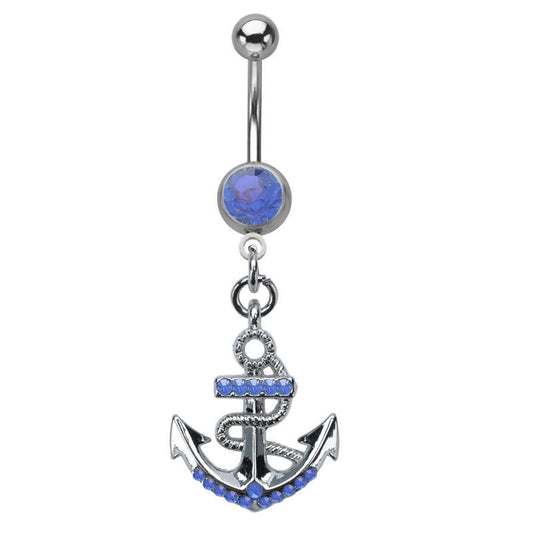 Navel Ring Dangle-Style Sea Anchor Belly Ring with Blue CZ Gems
