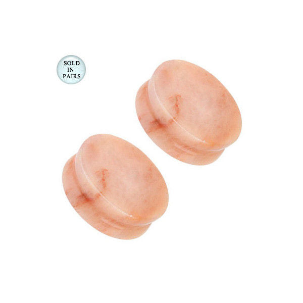 Ear Plugs Double Flare Peach Jade Semi Precious Stone - Sold in Pairs