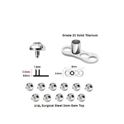25 set of Grade 23 Solid Titanium Dermal Anchor Base & 3mm Top