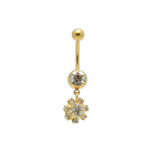 Gold Color Jeweled Flower Belly Ring Navel Barbell Jewelry 14G Surgical Steel
