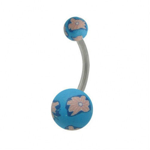 Fimo Beads Pink 7 Blue Flower Design Belly Ring