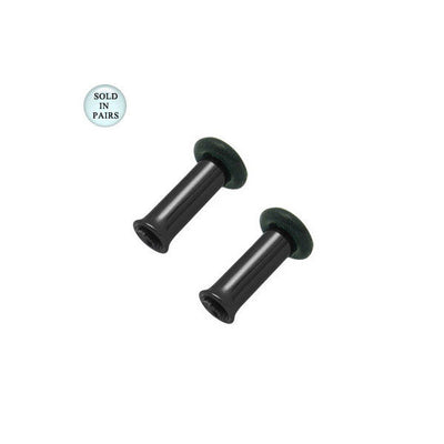 Black Anodized Titanium Single Flared Tunnel Eyelet Plugs with O-Ring - 8 Gauge