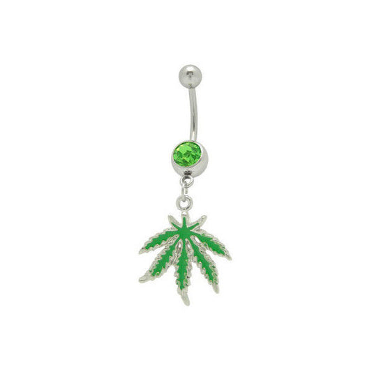 Green Pot Leaf Belly Ring with Green Cz Gem