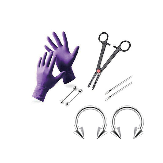 Nipple Piercing Kit  with 2 Nipple Rings Spikes Picked  Gloves, Needles, Tool, & Barbells